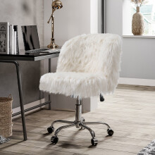 Modern Fluffy Faux Fur Office Chair Height Adjustable, Swivel, 5-Point Metal Base, White Faux Fur Upholstery, PU Castors
