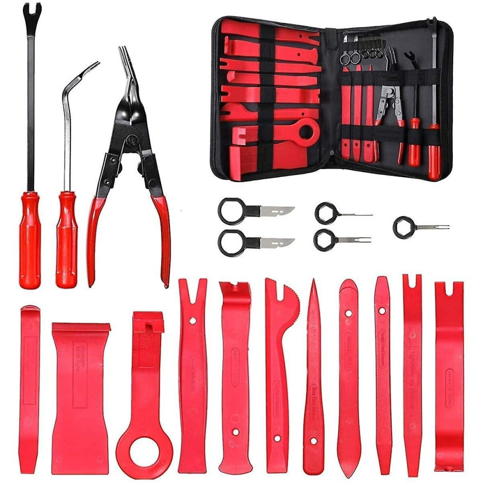 (Red) 19Pcs Trim Removal Tool Set Car Panel Door Removal Kit Audio Radio Stereo Clip Pliers Red 768664267855
