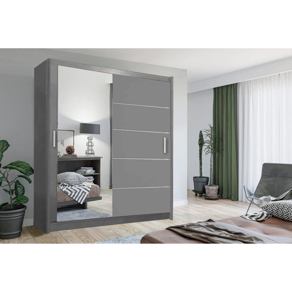 (180CM, Grey) NZ Lyon 2&3 Sliding Mirror Door Wardrobe