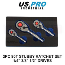 US PRO Industrial 3pc Stubby Ratchet Set 1/4, 3/8, 1/2 in - 90-Tooth, Cr-Mo HRC45-50, Red Quick Release, EVA Tray 4224