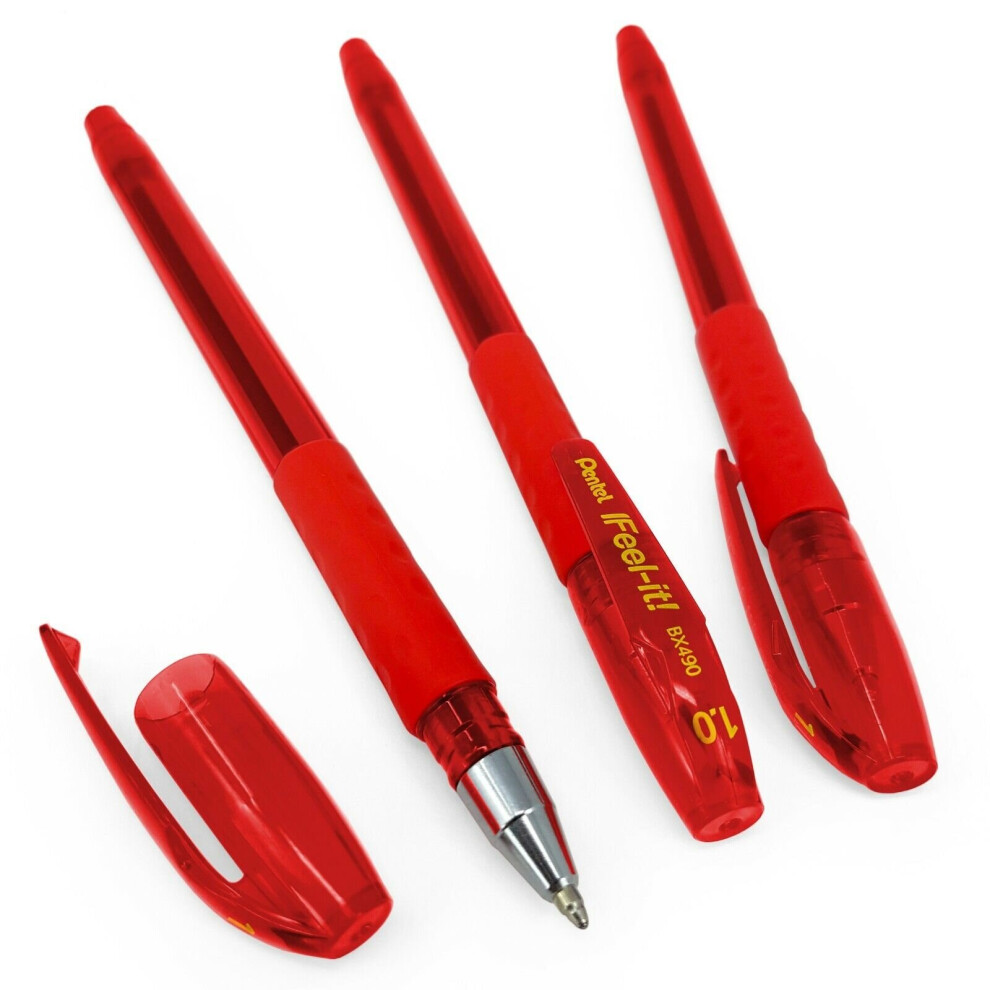 Pentel - BX490 Feel-It! Ergonomic Stick Ballpoint Pen - 1.0mm - Red - Pack of 3