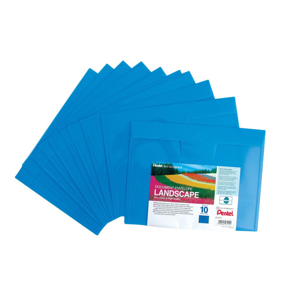 Pentel Recycology A4 Plastic Document Wallet Envelopes - Landscape - Folding Tabs - Sky Blue - Pack of 10