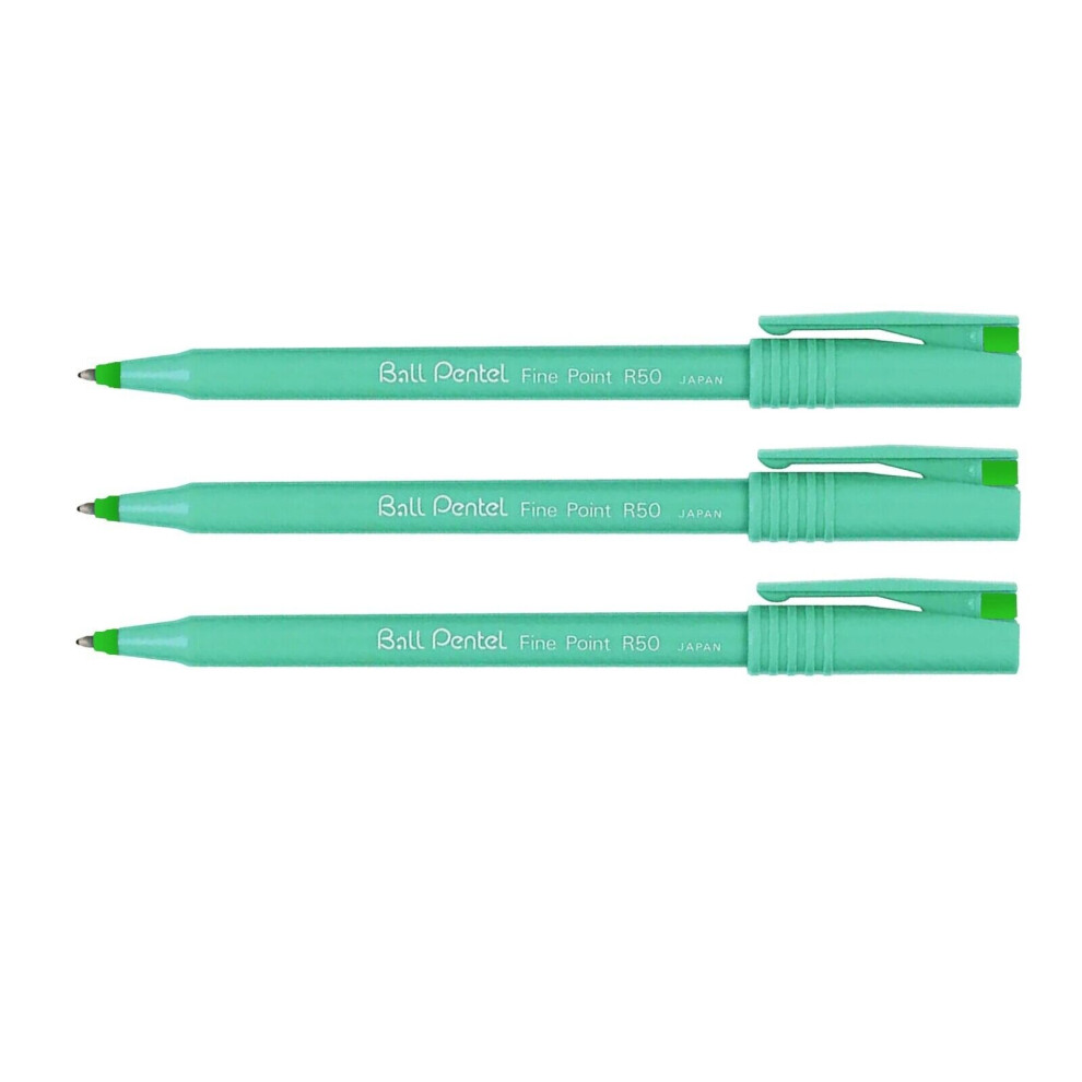 Pentel R50 Ball - Liquid Ink Rollerball Pen -  0.8mm Nib - 77% Recycled - Green Ink - Pack of 3