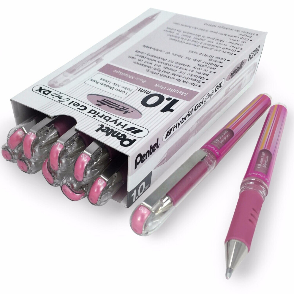 Pentel K230 Hybrid Gel Grip Rollerball Pen - Metallic Gel Ink - 1.0mm - Metallic Pink - Pack of 12