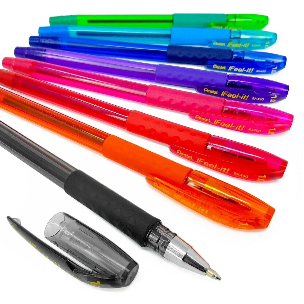 Pentel - BX490 Feel-It! Ergonomic Stick Ballpoint Pen - 1.0mm - 1 of Each Colour - Pack of 8