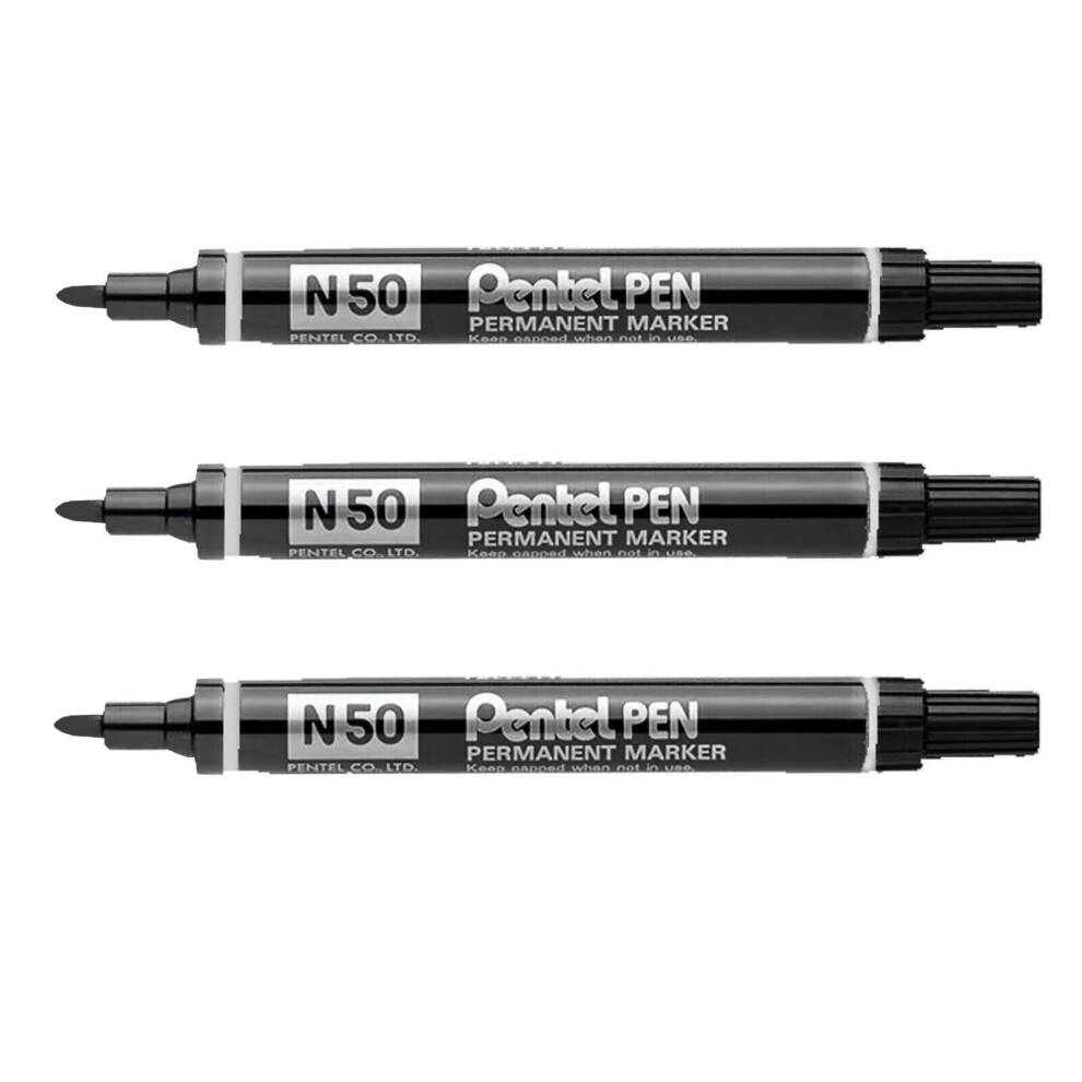 Pentel N50 Permanent Marker Pen - Bullet Nib - Black Ink - Pack of 3