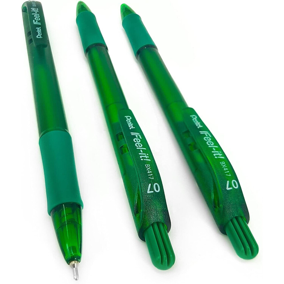 Pentel - BX417 Feel-It! Retractable Needle Point Ballpoint Pen - Green - Pack of 3