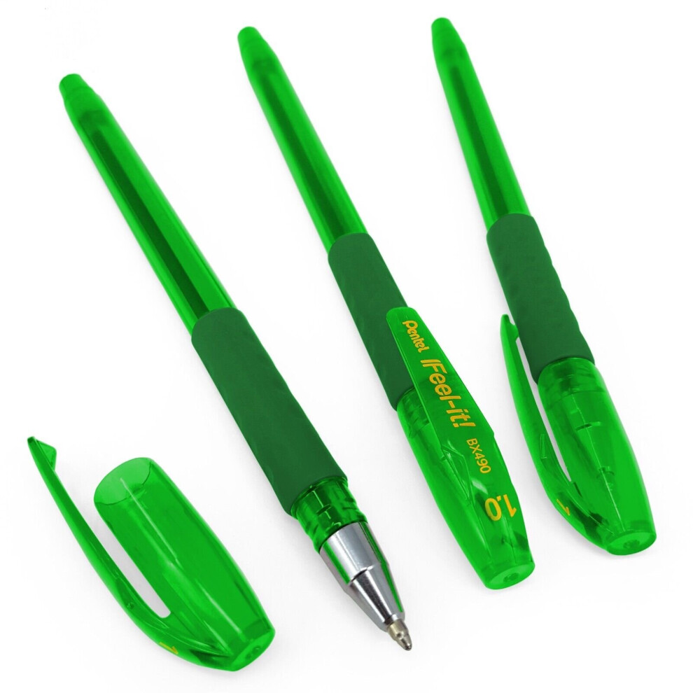 Pentel - BX490 Feel-It! Ergonomic Stick Ballpoint Pen - 1.0mm - Green - Pack of 3