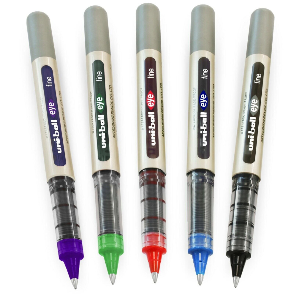 Uni-Ball EYE - UB-157 Rollerball Pens - 0.7mm Nib - Black, Blue, Red, Green, Violet - Pack of 5