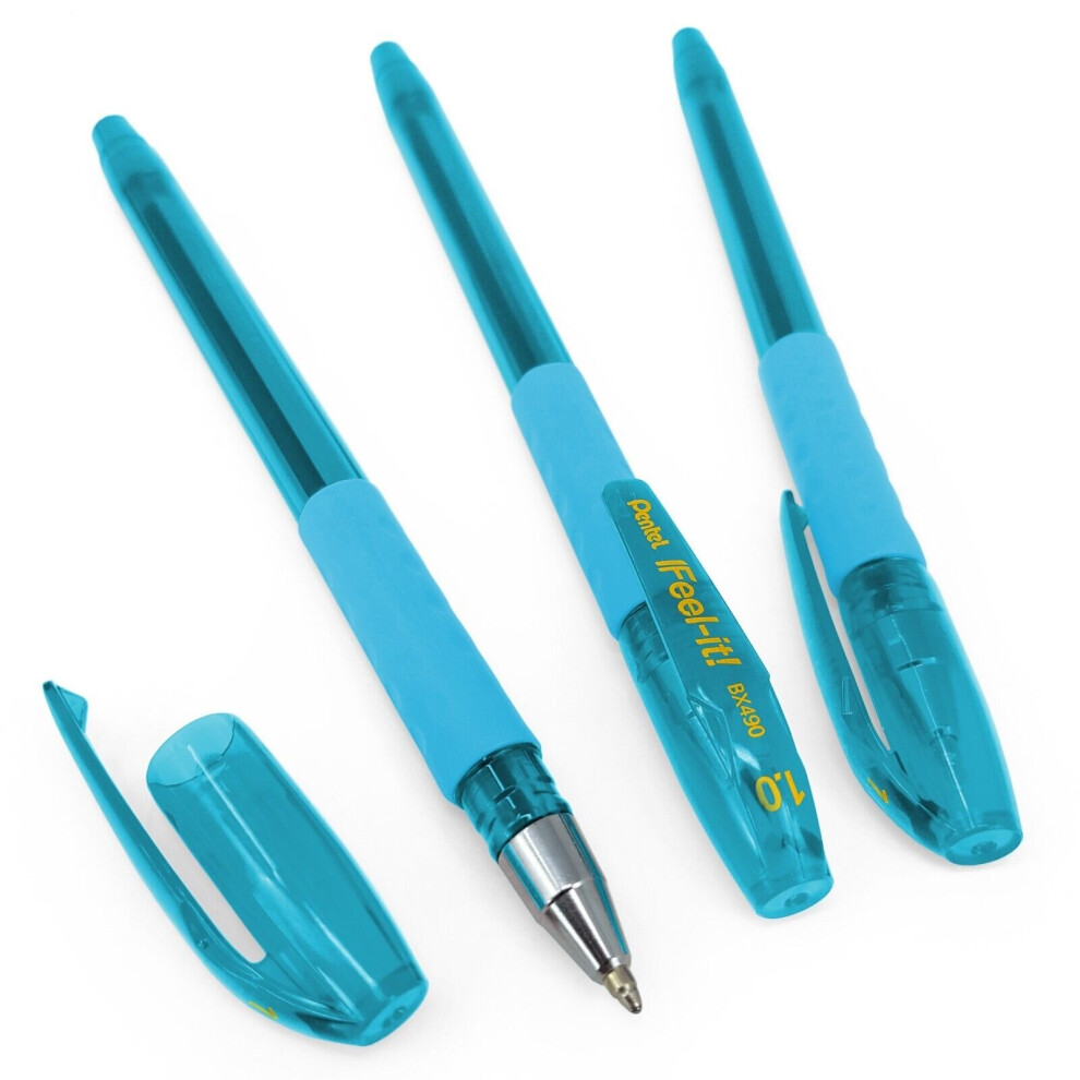 Pentel - BX490 Feel-It! Ergonomic Stick Ballpoint Pen - 1.0mm - Light Blue - Pack of 3