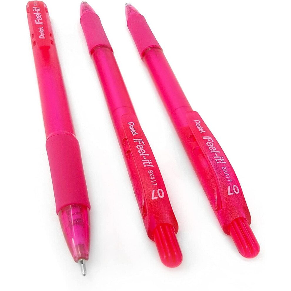 Pentel - BX417 Feel-It! Retractable Needle Point Ballpoint Pen - Pink - Pack of 3