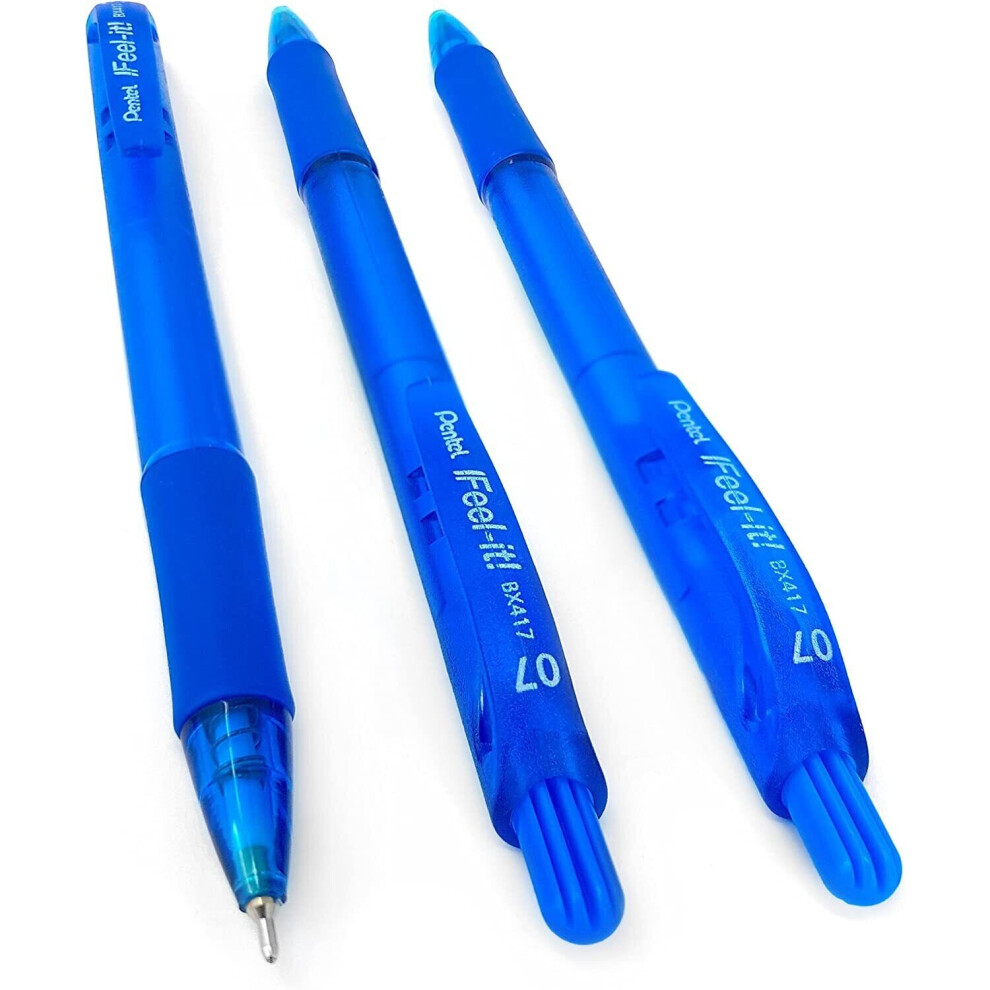 Pentel - BX417 Feel-It! Retractable Needle Point Ballpoint Pen - Sky Blue - Pack of 3