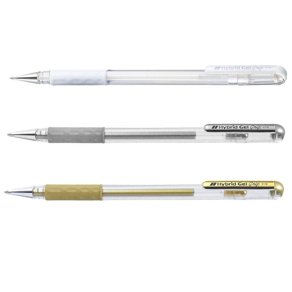 Pentel K118 Hybrid Gel Grip Rollerball Pen - Metallic Gel Ink - 0.8Mm Nib - Gold/Silver/White - Pack Of 3