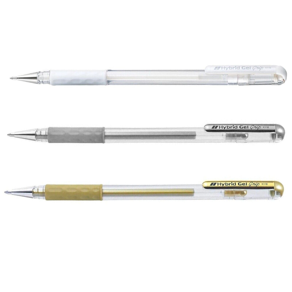 Pentel K118 Hybrid Gel Grip Rollerball Pen - Metallic Gel Ink - 0.8mm Nib - Gold/Silver/White - Pack of 3