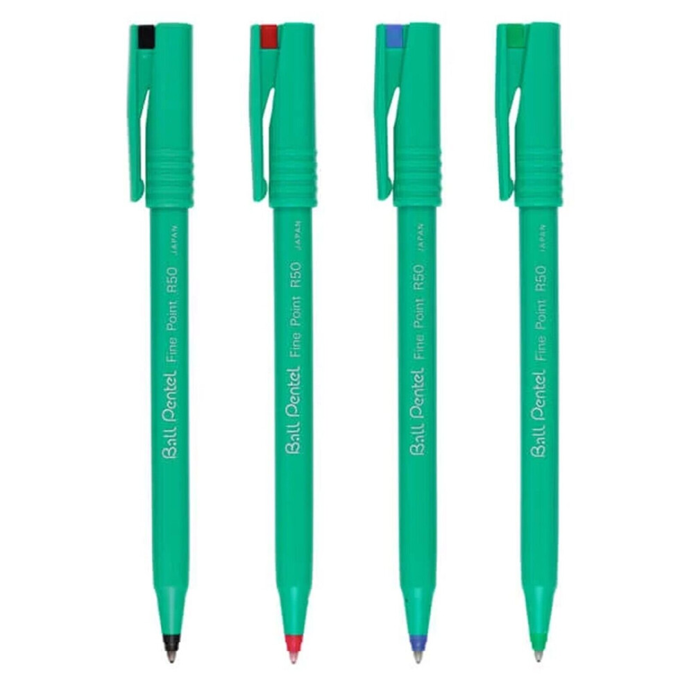 Pentel R50 Ball - Liquid Ink Rollerball Pen - 0.8Mm Nib - 77% Recycled - 1 Of Each Colour - Pack Of 4