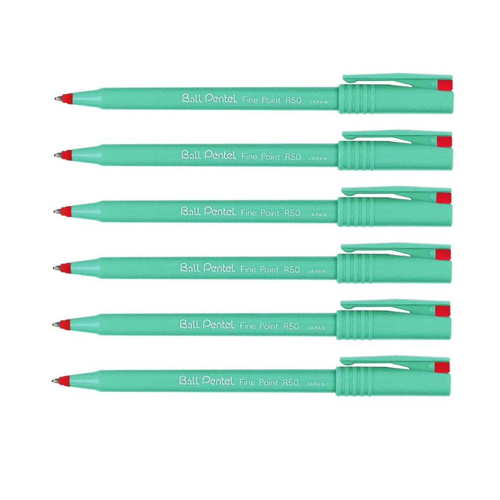 Pentel R50 Ball - Liquid Ink Rollerball Pen - 0.8Mm Nib - 77% Recycled - Red Ink - Pack Of 6
