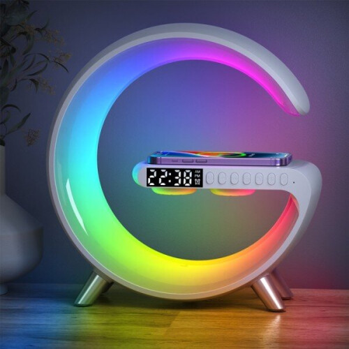 (White) Multifunctional Wireless Charger Alarm Clock Speaker APP Control RGB Night Light Charging Station