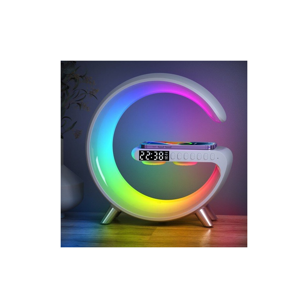 (White) Multifunctional Wireless Charger Alarm Clock Speaker APP Control RGB Night Light Charging Station