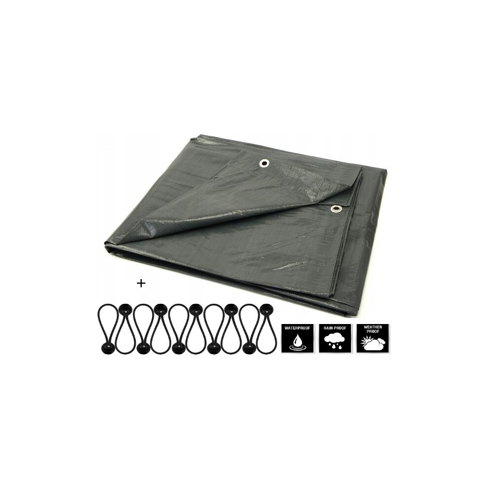 (3M X 4M) Gray Heavy Duty Tarpaulin Weather-Resistant Sun-Proof Reinforced + 10 Bungee Ball 4" 5061004420299