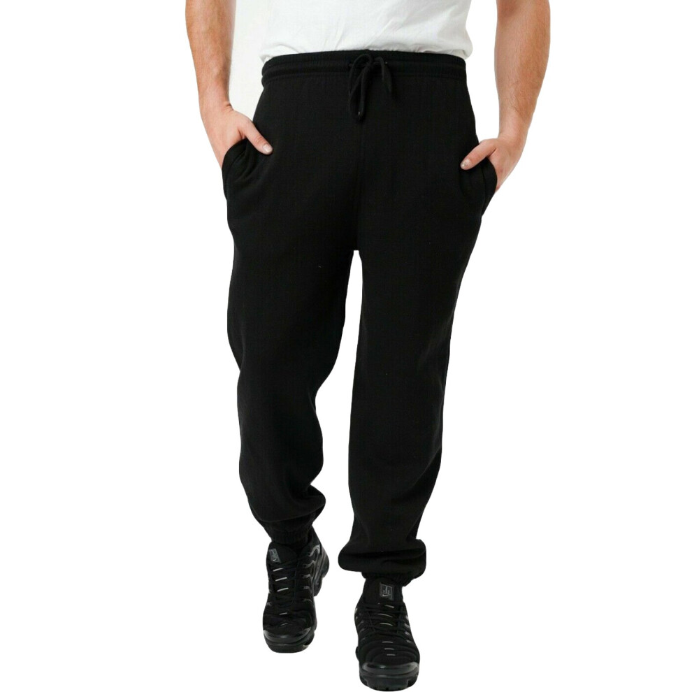 (Black, L) Mens Fleece Trouser Elasticated Cuffed Sweatpants