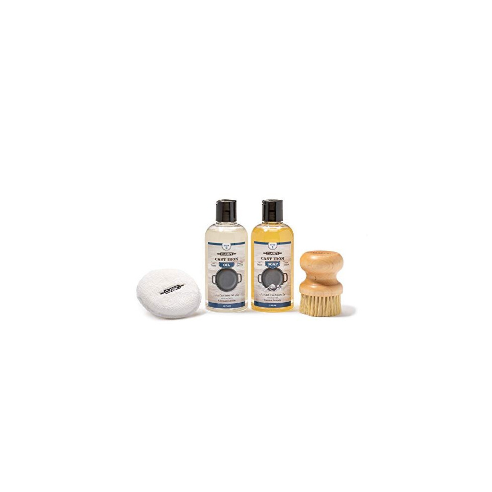 CLARK'S Cast Iron Complete Care Kit - Cast Iron Seasoning Oil - Cast Iron Soap - Scrub Brush and Applicator Pad - Maintain All Cast Iron and Carbon