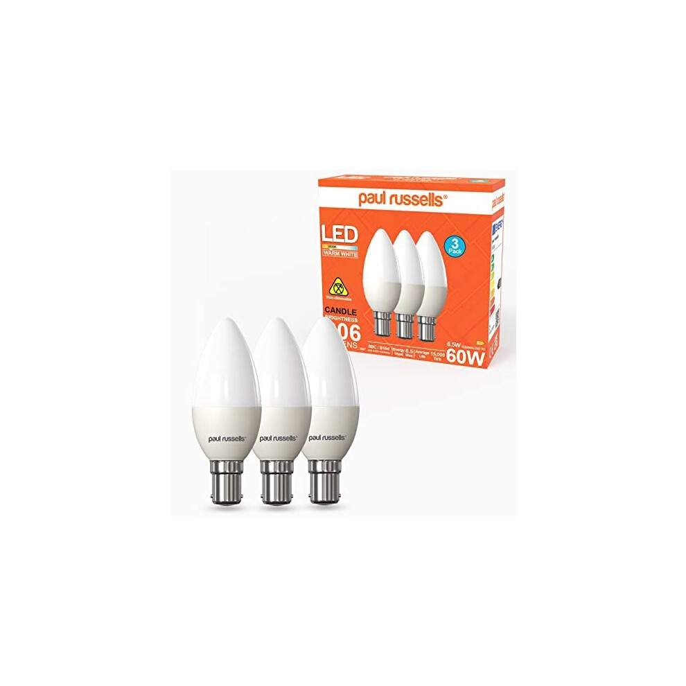 paul russells 6.5W LED Candle Light Small Bayonet Cap B15D, 60w Bulb, 806LM LED Bulbs, 3000K Warm White Lamps, Frosted C35 SBC Energy Saving-image-OPC-PB9B57X-NEW