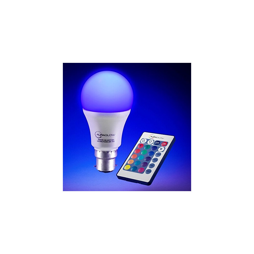 Auraglow 10w Remote Control Colour Changing LED Light Bulb B22, 75w EQV Warm White Dimmable Version - 3rd Generation