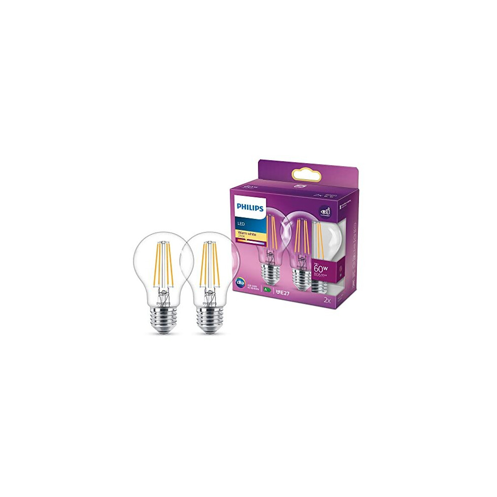 Philips LED Classic A60 Light Bulb 2 Pack [E27 Edison Screw] 7W - 60W Equivalent, Warm White (2700K), Non Dimmable