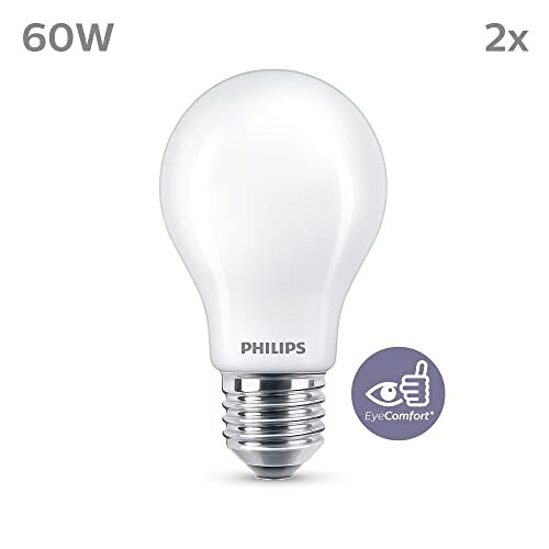 Philips Philips LED Classic A60 Frosted Light Bulb 2 Pack [E27 Edison Screw] 60W, Cool White 4000K, Non Dimmable 1
