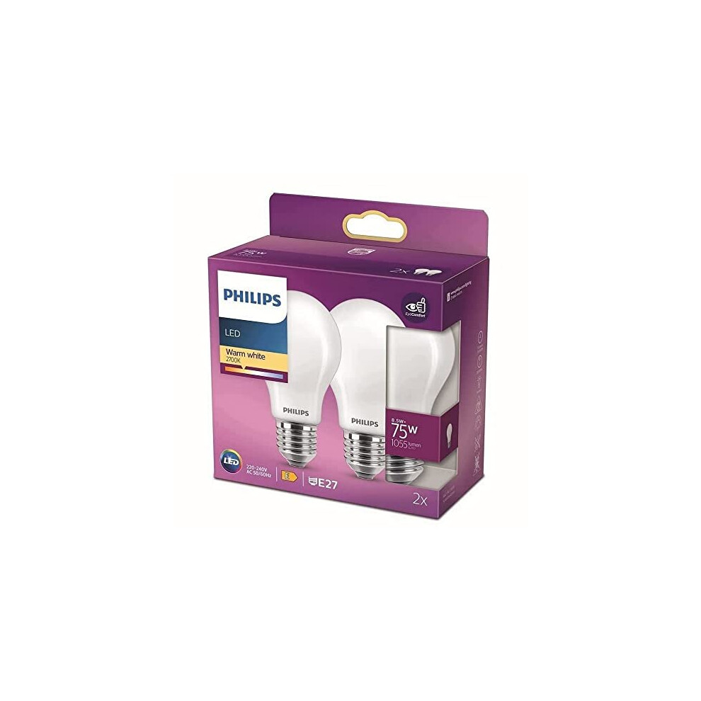 Philips Led Premium Classic A60 Frosted Bulb 2 Pack [E27 Edison Screw] 8.5W - 75W Equivalent Warm 2700K, Non Dimmable Light/White