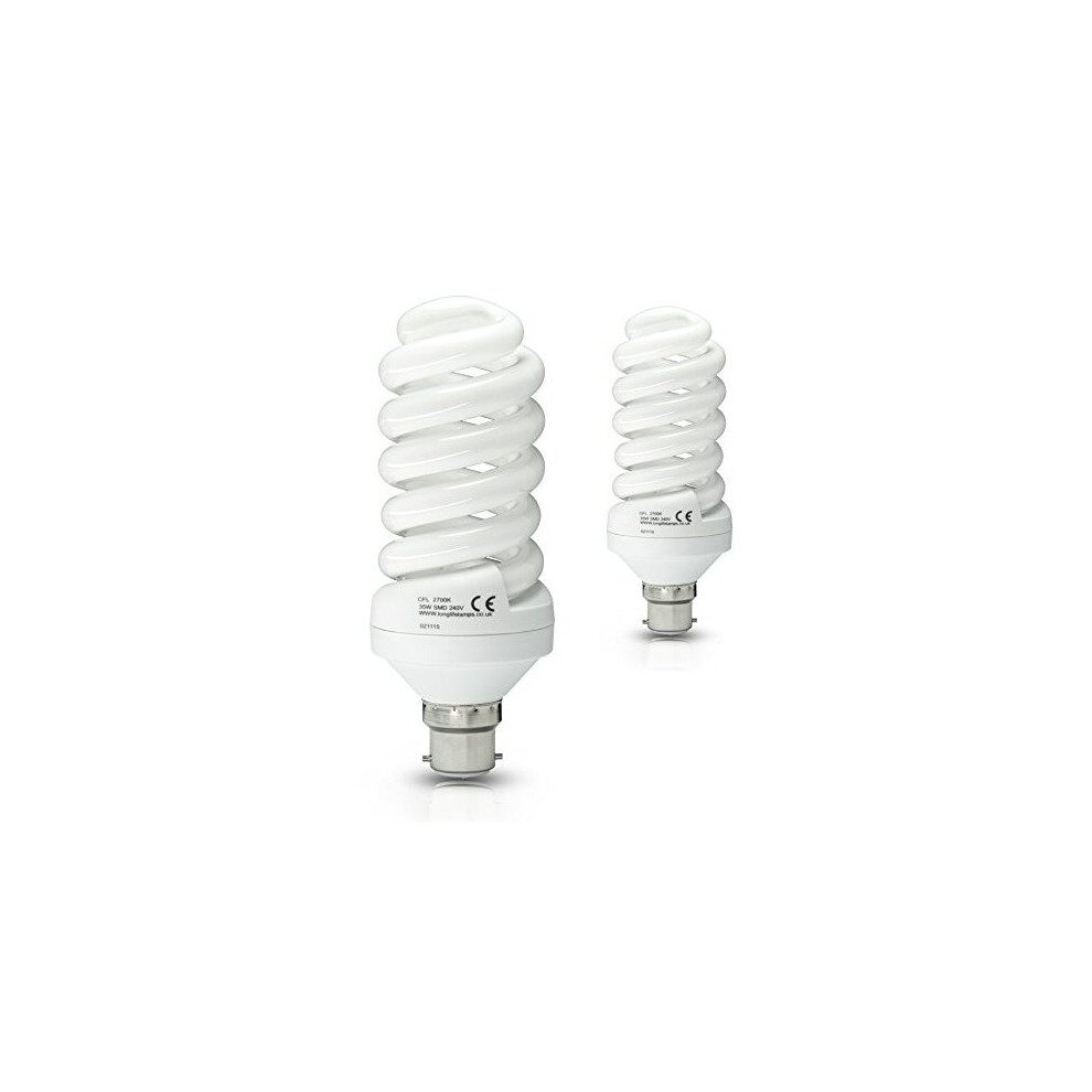 Long Life Lamp Company 2 X 35W Energy Saving Spiral Bulb Warm 175W Equivalent Very Bright, Bayonet Cap B22, New Advanced T3 Technology Instant Light/White