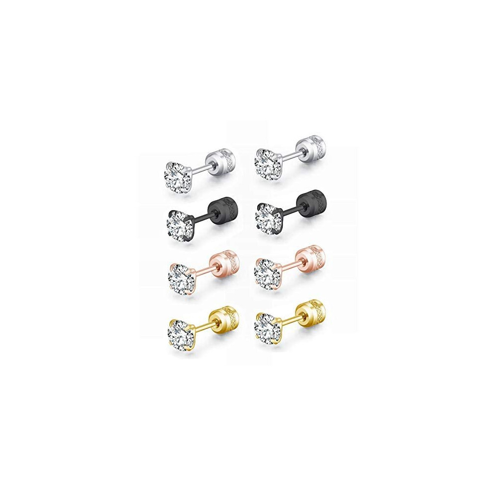 ZOCOYUU 4 Pairs Titanium Screw Back Hypoallergenic Surgical Stainless Steel Stud Earrings for Women Men,4mm 5A Cubic Zirconia Studs Double Side