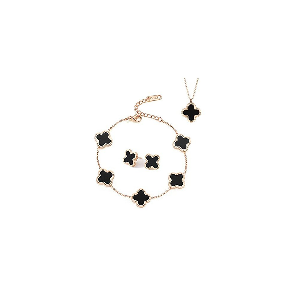 TOFBS Four-Leaf Clover Jewellery Set for Women Girls 18K Rose Gold Plated Stainless Steel Double-sided Four-Leaf Clover Pendant Necklace Stud Earrings