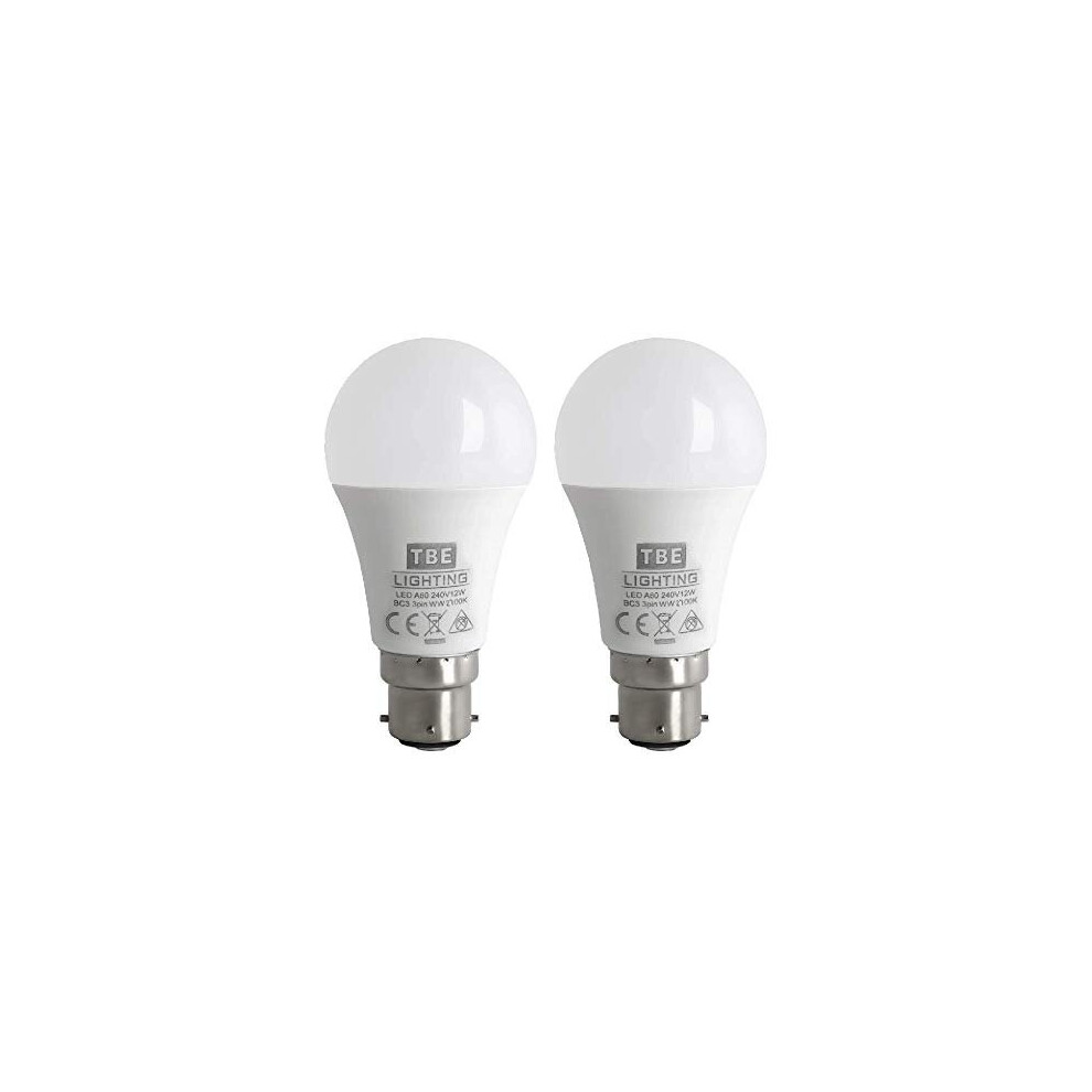 TBE Lighting BC3 3 PIN LED Bulbs - 2 Pack - 12w Non-DIMMABLE Energy Saving LED A60 Bulb - Warm White 2700K, 1100 Lumen Output, 20,000Hrs Life