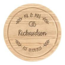 Personalised Wooden Chopping Cheese Board Round 25cm Custom Name Mr & Mrs Wreath Wedding