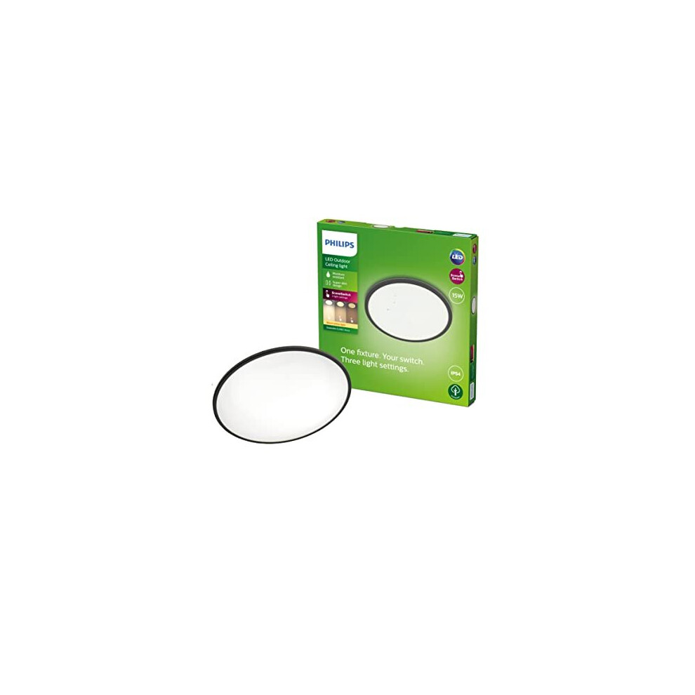 Philips LED Superslim Outdoor Ceiling Light 15W [Warm White - Black] Water Resistant IP54, for Garden, Patio and Terrace Lighting.