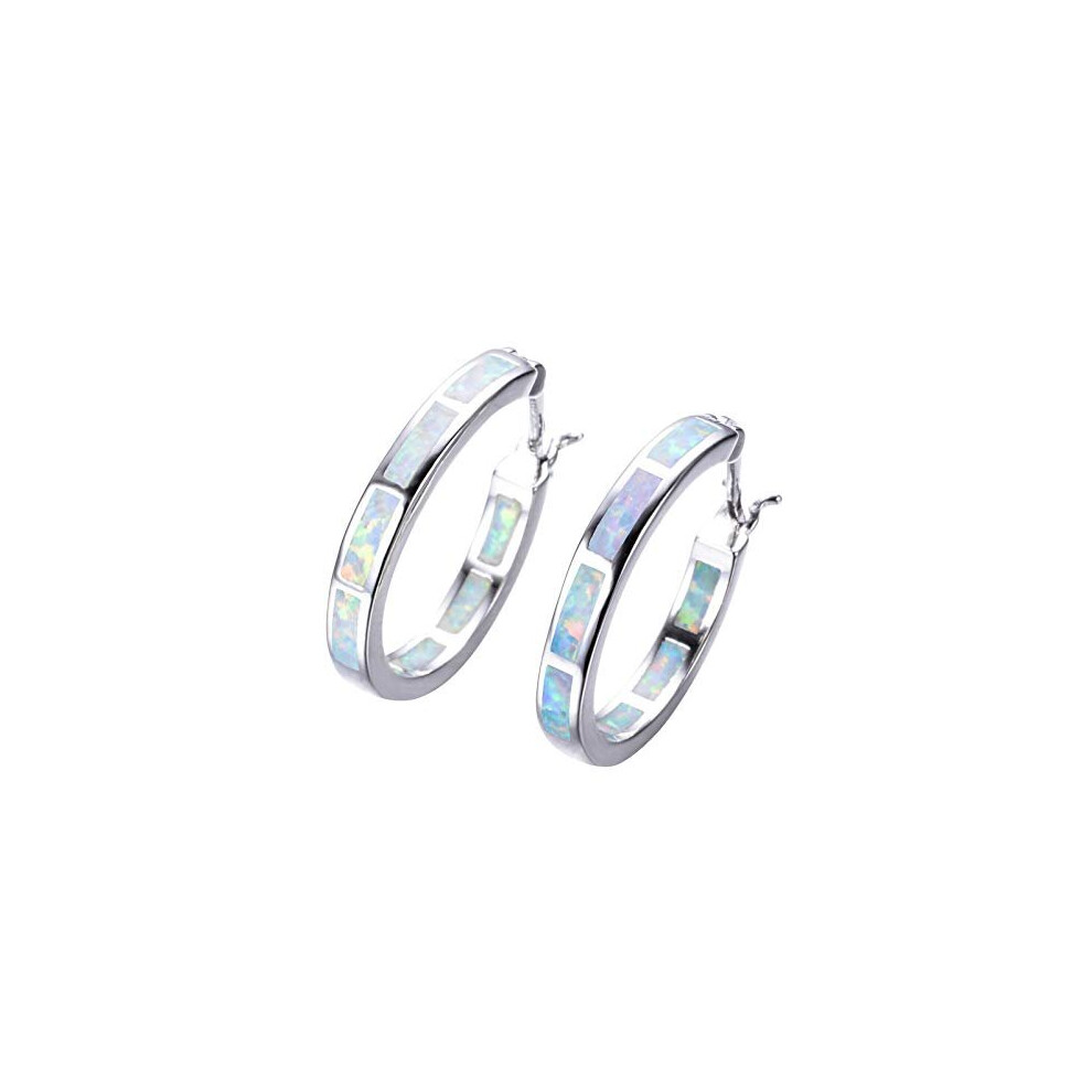 925 Sterling Silver Women's Hoop Earring Created Blue White Fire Opal Women Jewelry Gemstone Rhodium Plated Hoop Earrings