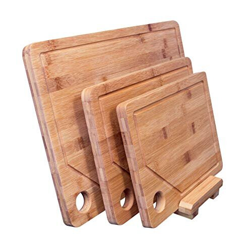 woodluv Set of 3 With STAND Organic Bamboo Cutting Board Set