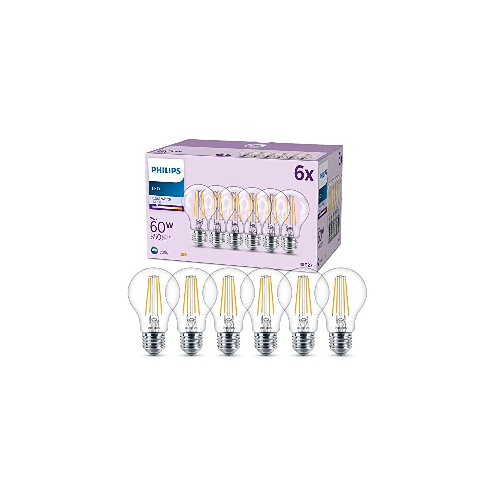 Philips LED Frosted A60 Light Bulb 6 Pack [Cool White 4000K - E27 Edison Screw] 60W, Non Dimmable. for Home Indoor Lighting