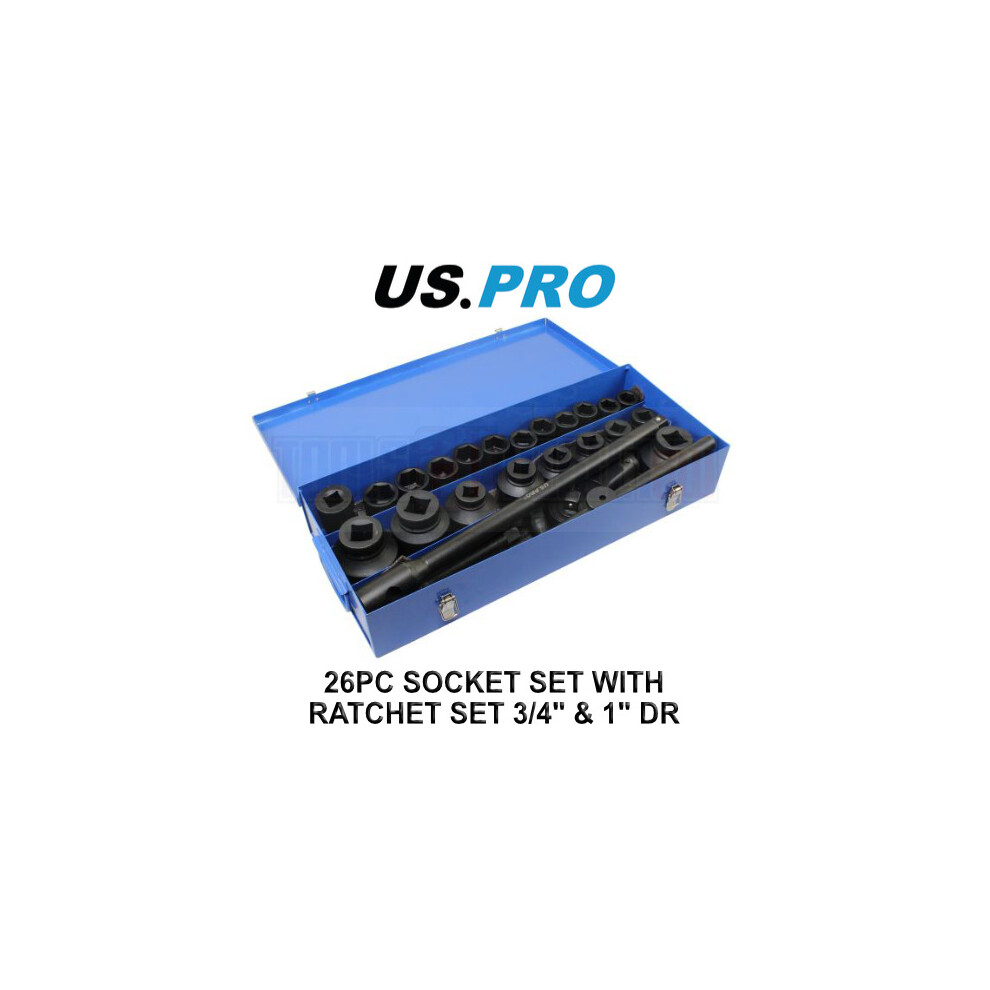 US PRO Tools 26pc Socket Set With Ratchet Set 3/4" & 1" Dr 21 - 65mm 3735
