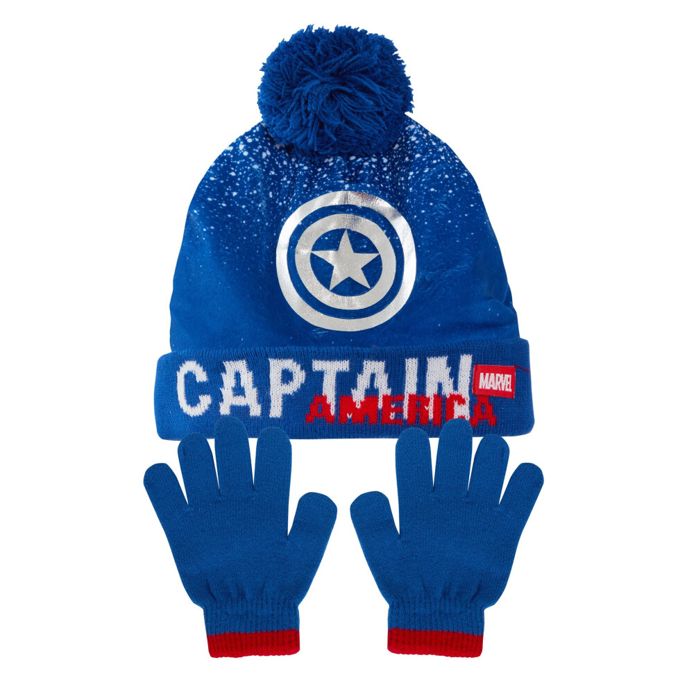 (Captain America, 6-8 Years) Boys Marvel Bobble Hat + Gloves Winter Set Captain America or Black Panther Set