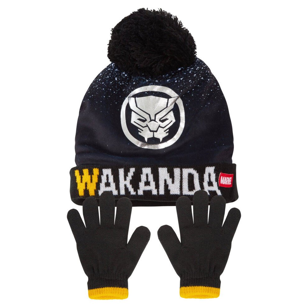 (Black Panther, 3-5 Years) Boys Marvel Bobble Hat + Gloves Winter Set Captain America or Black Panther Set