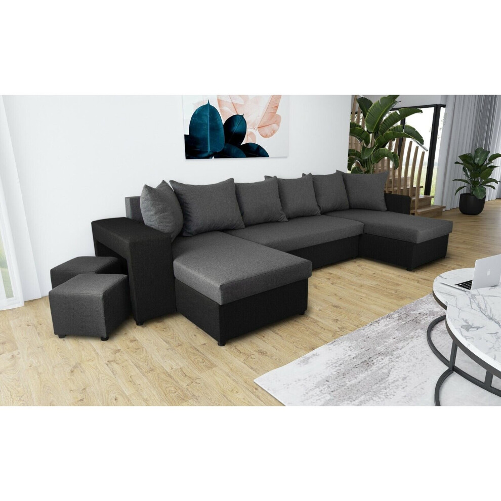 U-Shaped Corner Sofa Bed Grey and Black With 2 Footstools