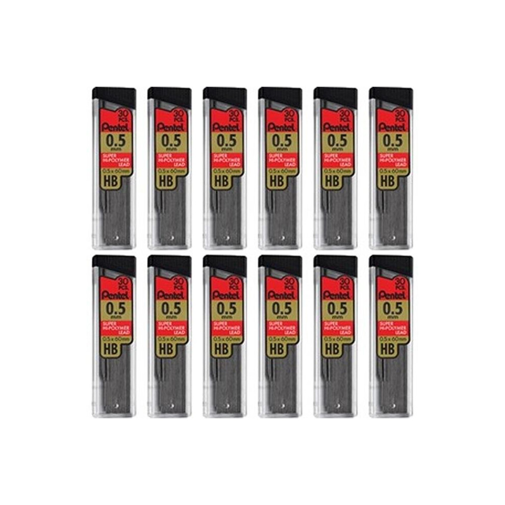 Pentel PENC25HBBX 0.5 mm Hi-Polymer Black Lead Refills - Pack of 12 - 30 Count