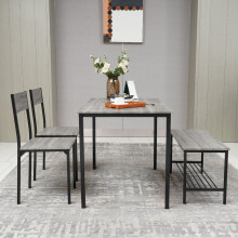 (Grey) 4pcs Dining Table and Chairs Set Wooden Bench Seat