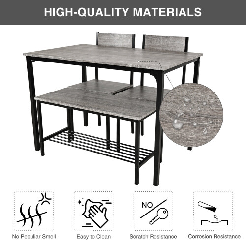 ELECWISH (Grey) 4pcs Dining Table and Chairs Set Wooden Bench Seat 2