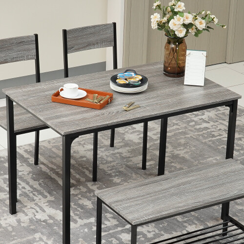 ELECWISH (Grey) 4pcs Dining Table and Chairs Set Wooden Bench Seat 1
