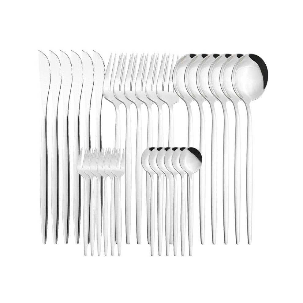 (Silver) Stainless steel cutlery knife, fork and spoon 30-piece set