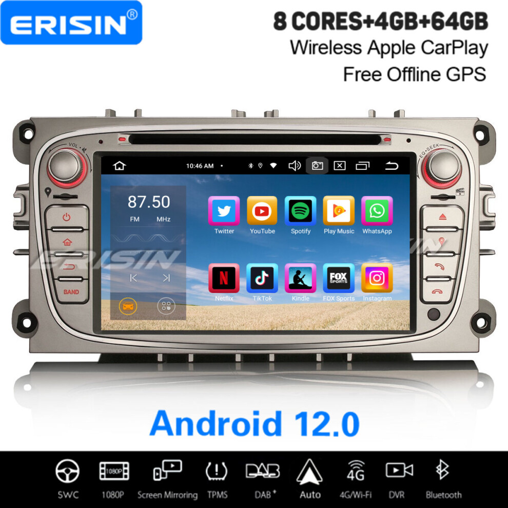 8-Core Android 12 Car Stereo For Ford Mondeo Focus S/C-Max Galaxy 64GB Satnav DAB+ Wireless CarPlay