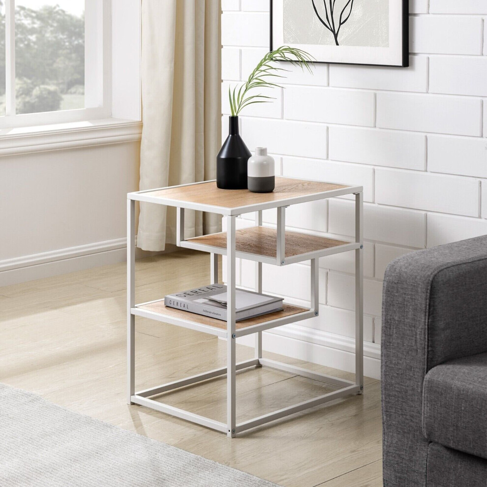 (White Frame & Coastal Oak Wood) 3 Tier Metal & Wood Side End Table Nightstand Furniture Living Room Bedroom Unit